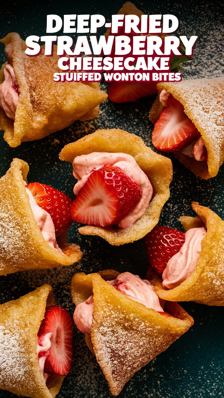 Deep-Fried Strawberry Cheesecake Wonton Bites